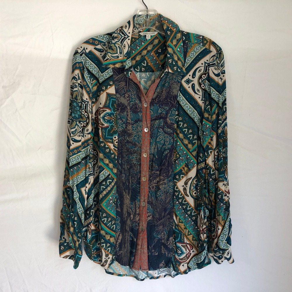 John Mark Womens Mixed Print Patchwork Button Down Shirt Teal Orange Paisley S